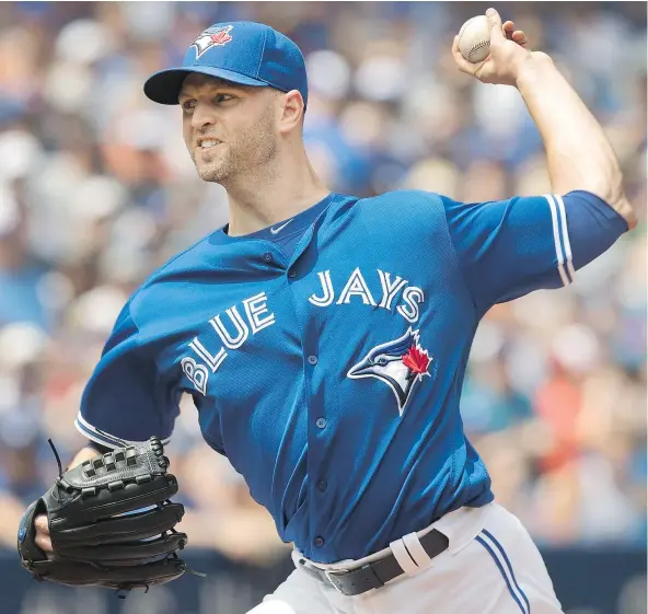  ?? — THE CANADIAN PRESS ?? Toronto Blue Jays starter J.A. Happ didn’t have his best stuff but was able to throw six shutout innings against the Seattle Mariners, giving up just one hit en route to winning his 13th game of the season Sunday at Rogers Centre.