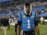  ?? MIKE MCCARN - THE ASSOCIATED PRESS ?? Carolina Panthers quarterbac­k Cam Newton (1) walks off the field following the Panthers 20-14 loss to the Tampa Bay Buccaneers following an NFL football game in Charlotte, N.C., Friday, Sept. 13, 2019.