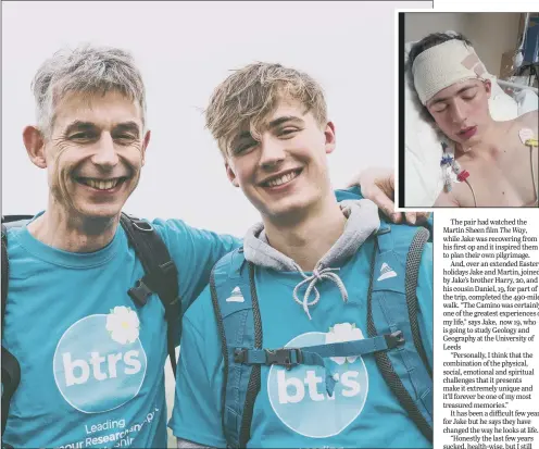  ??  ?? EMOTIONAL JOURNEY: Martin and Jake Moorman who have walked the 490 mile Camino Way. Inset: Jake after 10 hours of brain surgery.