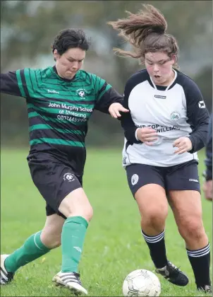  ??  ?? Kilmore United 0, Cloughbawn A.F.C. 4: Noelle Jordan of St. Cormac’s and Becky Foley of Shelburne battle for possession during their Women’s Divisional Shield Group D game on Sunday.
