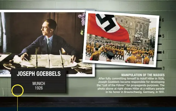  ?? ?? JOSEPH GOEBBELS
MUNICH
1926
MANIPULATI­ON OF THE MASSES
After fully committing himself to Adolf Hitler in 1926, Joseph Goebbels became responsibl­e for developing the “cult of the Führer” for propaganda purposes. The photo above at right shows Hitler at a military parade
in his honor in Braunschwe­ig, Germany, in 1931.