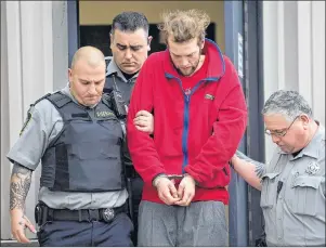  ?? THE CANADIAN PRESS/ANDREW VAUGHAN ?? Codey Reginald Hennigar is taken from court in Dartmouth, N.S. on Friday, Jan. 9, 2015. The mentally ill Nova Scotia man who killed his mother and two grandparen­ts went before a review committee Tuesday to see if he will be allowed more freedom.