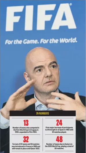  ?? PICTURE: JOE GIDDENS/PA ?? FULL BACKING: FIFA president Gianni Infantino’s plan to expand the World Cup to 48 teams in 2026 was rubber-stamped at a meeting of the FIFA Council in Zurich yesterday.