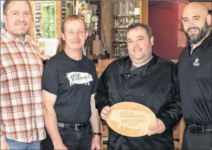  ?? SUBMITTED PHOTO ?? Robbie Dover, left, Fresh Media, Paul Larsen, Chair of the P.E.I. Hog Producers, are shown with Chef Paul Oulton and Steve Barber, Hunter’s Ale House holding the P.E.I. Porktoberf­est Best Chef 2017 award.