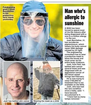  ?? Pictures: DAN ROWLANDS / SWNS ?? Fundraisin­g goal... Josh Barnfather in his protective face mask yesterday Josh has battled skin cancer Wearing the mask as a child