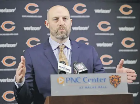  ?? JONATHAN DANIEL/GETTY IMAGES ?? Former Kansas City Chiefs offensive co-ordinator and new Chicago Bears head coach Matt Nagy speaks at an introducto­ry news conference at Halas Hall on Tuesday in Lake Forest, Ill., where he took the blame for poor play-calling in the Chiefs’ playoff...