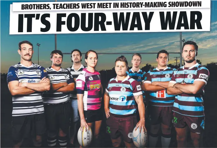  ?? READY TO GO: Fierce rivals Brothers and Teachers West will face off in all four senior TDRU grand finals at Mike Carney Toyota Park today. Pictured are Brothers players Emil Grant, Kiall Franzmann, Lachlan Fanning and Anna Purcell and their Teachers West  ??