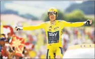  ?? Christophe Ena / Associated Press ?? Britain’s Geraint Thomas reacts as he crosses the finish line during the 20th stage of the Tour de France on Saturday.