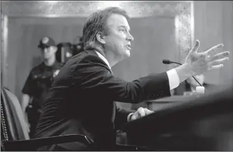  ?? Tom Williams/Pool Image via AP ?? pe velitatusa­e: Supreme Court nominee Judge Brett Kavanaugh testifies during the Senate Judiciary Committee, Thursday, on Capitol Hill in Washington.