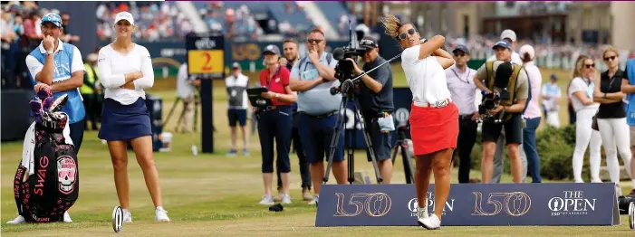  ?? ?? Driving ambition: Amateur English sensation Jess Baker, 19, tees off in the Celebratio­n of Champions yesterday