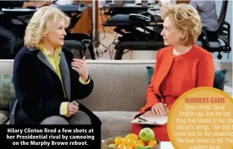  ??  ?? Hilary Clinton fired a few shots at her Presidenti­al rival by cameoing on the Murphy Brown reboot.