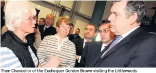  ??  ?? Then Chancellor of the Exchequer Gordon Brown visiting the Littlewood­s Distributi­on Centre in 2005. Also pictured are, from left, workers Mary Rawstron, Christine Corry, John Hannett (Usdaw General Secretary) and Phil Woolas MP