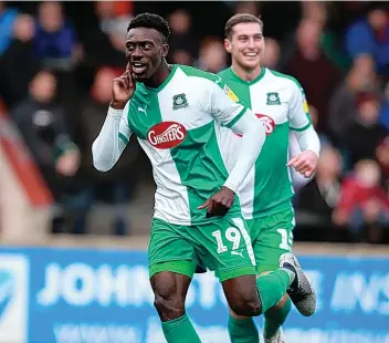  ?? DAVE ROWNTREE/PPAUK ?? League One Player of the Month Freddie Ladapo celebrates his goal against Scunthorpe