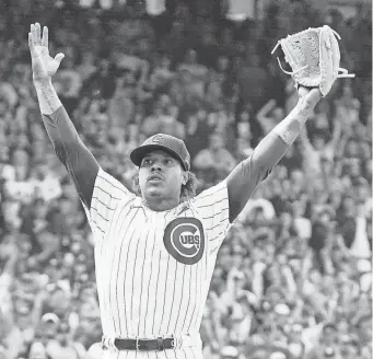  ?? DAVID BANKS/USA TODAY SPORTS ?? Chicago Cubs starting pitcher Marcus Stroman celebrates a win against the Tampa Bay Rays at Wrigley Field.