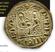  ??  ?? One of the 13 ‘Two Emperors’ coins found in the hoard. It copies a Roman coin but is, perhaps, intended to show an alliance between Alfred and Ceolwulf II of Mercia