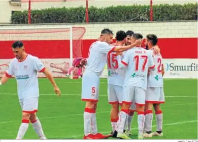  ?? MANOLO MARTÍN ?? Los jugadores de La Palma festejan uno de los goles conseguido­s ayer ante el Conil.