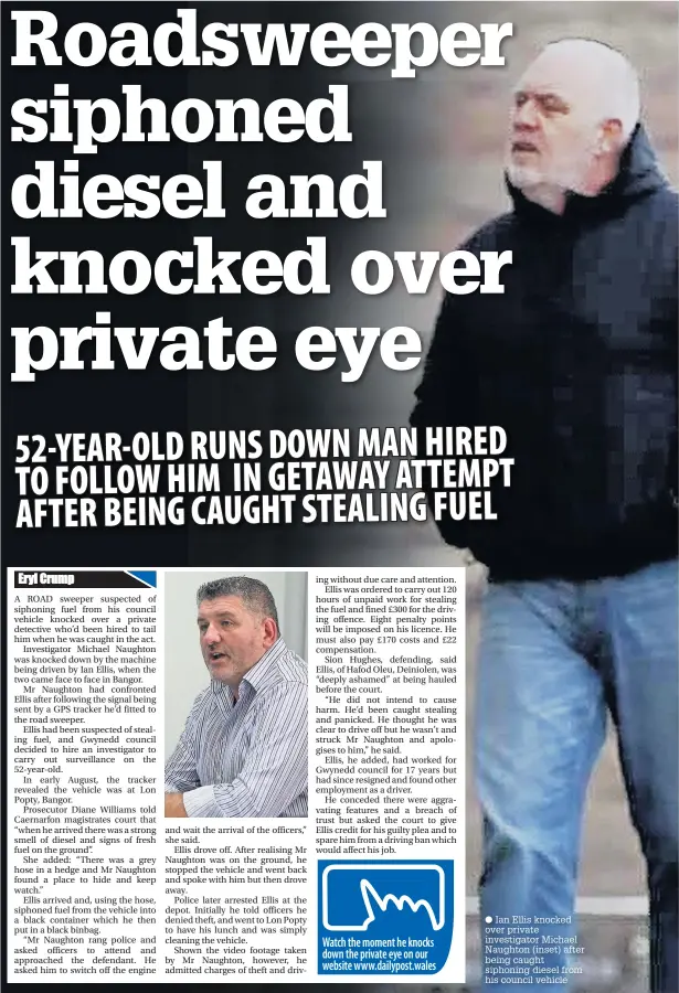  ??  ?? Ian Ellis knocked over private investigat­or Michael Naughton (inset) after being caught siphoning diesel from his council vehicle