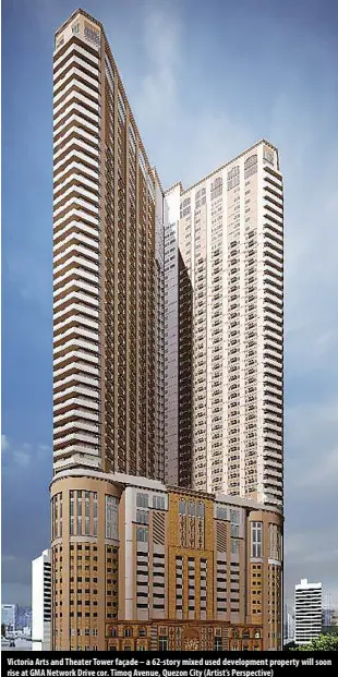  ?? (Artist’s Perspectiv­e) ?? Victoria Arts and Theater Tower façade – a 62-story mixed used developmen­t property will soon rise at GMA Network Drive cor. Timog Avenue, Quezon City