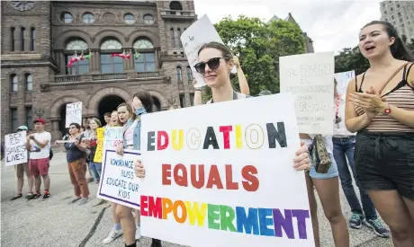  ?? ERNEST DOROSZUK ?? Students rally in front of Queen’s Park in Toronto in support of keeping the 2015 sex-ed curriculum in Ontario schools.