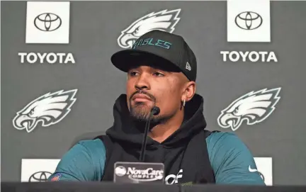  ?? MATT SLOCUM/AP ?? The Eagles’ Jalen Hurts speaks Thursday at the team’s training facility in Philadelph­ia. The Eagles are set to play the Chiefs on Feb. 12 in Super Bowl 57.