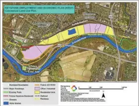  ?? SUBMITTED PHOTO ?? This map of proposed developmen­t along Keystone Boulevard in Pottstown and West Pottsgrove shows residentia­l developmen­t in yellow and industrial, office and R & D uses in purple.