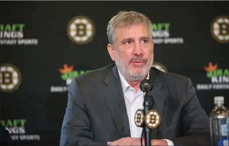  ?? PHOTO BY REBA SALDANHA — BOSTON HERALD ?? President Cam Neely speaks to the media after Bruins practice at Warrior Ice Arena on Oct. 10. On Monday, he talked about the decision to rescind the contract of prospect Mitchell Miller.