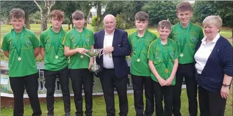  ??  ?? PPUI President Mervyn Cooney and National Youth Officer Helen McMorrow pictured with the winning Kerry U-16 team after their National Inter-County success in Fermoy last Sunday. Pictured, from left: Robbie Harnett, Jack McCarthy, Cillian Courtney (team captain), Fintan Martin, Eoin O’Riordan Looney and Erin Moloney.