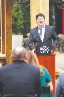  ?? STAFF PHOTO ?? TVA President and CEO Jeff Lyash speaks during a press conference in 2021 to announce the installati­on of a solar-powered arbor pavilion that will reduce energy consumptio­n and enhance sustainabi­lity educationa­l opportunit­ies at Rock City in Lookout Mountain, Ga.