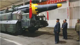  ?? (Reuters) ?? NORTH KOREAN leader Kim Jong Un inspects the long-range strategic ballistic rocket Hwasong-12 (Mars-12) in this undated photo released by North Korea’s Korean Central News Agency yesterday.