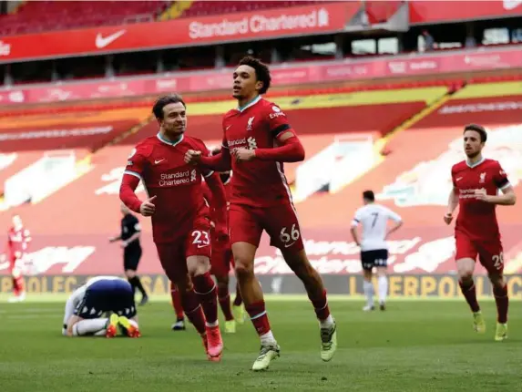  ??  ?? Trent Alexander-Arnold celebrates his late winner against Aston Villa (Getty)