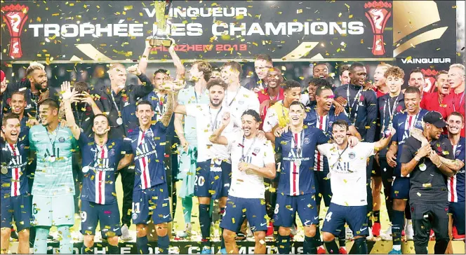  ??  ?? Paris Saint-Germain celebrate after winning their match against Rennes in the Trophee des Champions in Shenzhen in southern China’s Guangdong province on Aug 3. Paris Saint-Germain beat Rennes 2-1. (AP)