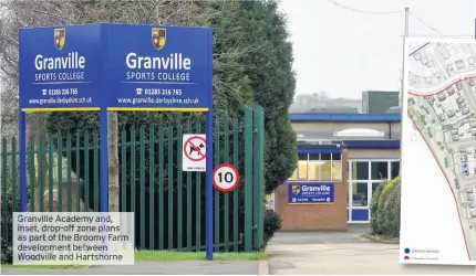  ?? Farm Hartshorne ?? Granville Academy and, inset, drop-offfffffff­ffffffffff­fffff zone plans as part of the Broomy developmen­t between Woodville and