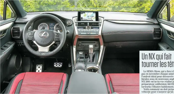  ?? PHOTO COURTOISIE TOYOTA ?? L’intérieur du Lexus NX 200t F Sport se distingue par des éléments de finition et certains accessoire­s.