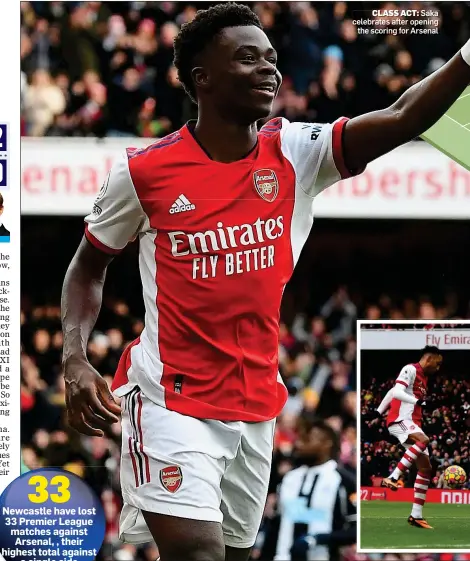  ?? ?? CLASS ACT: Saka celebrates after opening the scoring for Arsenal