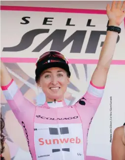  ??  ?? belowLeah Kirchmann in pink at the Giro Rosa