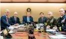  ?? ?? Trump in the Situation Room in 2019 with Robert O’Brien, Mike Pence, Mark Esper, Gen Mark Milley and Brig Gen Marcus Evans. Milley was ‘stunned’ by Trump’s 2020 proposal, Esper writes. Photograph: Getty Images