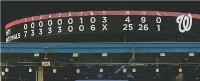  ?? ALEX BRANDON/ASSOCIATED PRESS ?? The scoreboard shows how inexorably Tuesday’s game between the Nationals and the Mets got out of hand at Nationals Park in Washington. The Nationals won 25-4, setting a new franchise scoring record.