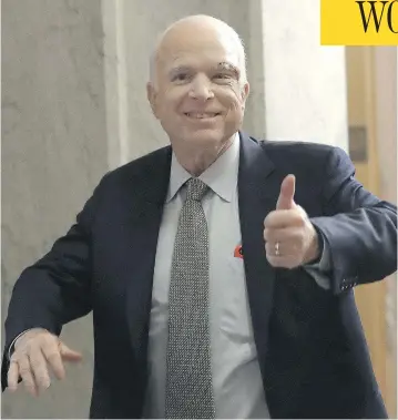  ?? WIN MCNAMEE / GETTY IMAGES ?? Sen. John McCain returns to the U.S. Senate in Washington Tuesday, less than a week after being diagnosed with brain cancer. He returned for the Senate’s key procedural vote on repealing and replacing the Affordable Care Act.