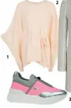  ??  ?? 1 Seraphin cream poncho, Max & Moi, €590; 2 Silver and gold jacquard dress, Paule Ka, €619;
3 Spinnaker pink runners, Rucoline, €359; all at Ellen B
3