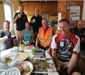  ??  ?? Time for Tea… Cyclists Kevin Moran and DJ O’Donoghue from Glenflesk, drop in for the traditiona­l cup at Burns Bike Shop in Sneem, joined by Volunteers, Denis Burns, Denis O’Mahony, Mossie Walsh, Mary Moynihan and Mikey Joe Burns, at the 35th Annual...