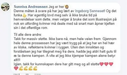  ?? FOTO: SKJERMDUMP ?? Sunniva Andreassen takket «Den Selskabeli­ge» for støtten da hun sto frem som varsler.