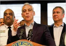  ?? NANCY STONE / CHICAGO TRIBUNE ?? Chicago Mayor Rahm Emanuel speaks at an April event in Chicago after signing an order that says applicants for city jobs can no longer be asked about their salary history, part of a nationwide effort to improve pay equity between men and women.