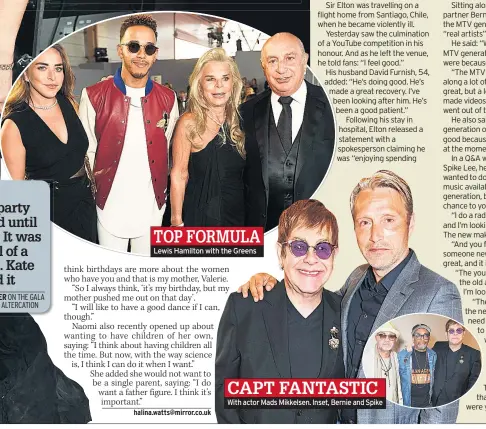  ??  ?? TOP FORMULA Lewis Hamilton with the Greens CAPT FANTASTIC With actor Mads Mikkelsen. Inset, Bernie and Spike