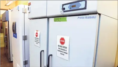  ?? Arnold Gold / Hearst Connecticu­t Media ?? The two freezers awaiting the COVID-19 vaccines from Pfizer and Moderna at Yale New Haven Hospital on Friday. The freezer at right can store around 100,000 doses of the Moderna vaccine.