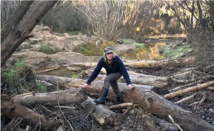  ?? PHOTO: GREGOR RICHARDSON ?? Slash and scramble . . . Jeannine Falloon clambers over forestry slash which has blocked vehicle access to her property at Mt Allan since the July 2017 floods. Both Ms Falloon and her neighbour, Alan Dunlop, can only access their properties by wading...