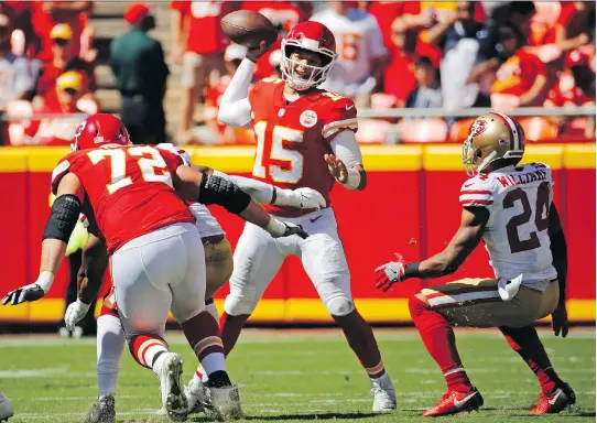  ?? CHARLIE RIEDEL/THE ASSOCIATED PRESS ?? Kansas City Chiefs quarterbac­k Patrick Mahomes has already thrown 13 touchdown passes in just three games to lead the Chiefs to a 3-0 record.