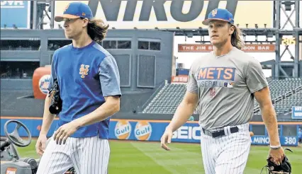  ??  ?? THROWING NAMES AROUND: While Jacob deGrom (above left) and Noah Syndergaar­d (above right) are certain — health permitting — to be part of the Mets’ 2018 rotation, others on the injury-rattled staff, such as Matt Harvey (below left) and Steven Matz...