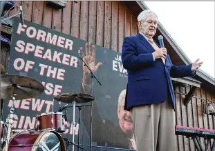  ?? ELIJAH NOUVELAGE FOR THE AJC ?? Newt Gingrich speaks at a campaign event for Jake Evans, a Republican candidate in the 6th Congressio­nal District, on March 31 in Cumming. “I love to come back home,” said Gingrich, a former U.S. House speaker who now lives in Virginia.