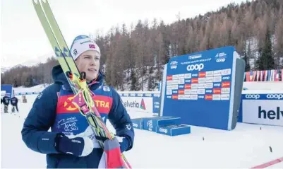  ?? TERJE PEDERSEN, NTB SCANPIX ?? Johannes Høsflot Klaebo kunne smile for sprintseie­r og Tour de Ski-ledelse i Val Müstair i går.