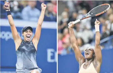  ??  ?? This combinatio­n of photos show US tennis players Madison Keys (left) and Sloane Stephens celebratin­g after winning their 2017 US Open women’s singles semifinals. — AFP photo